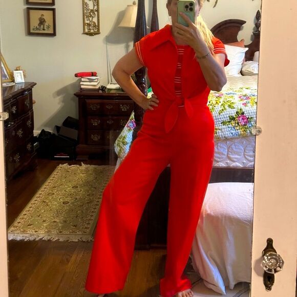 Vintage 70s Melissa Lane Tomato Red Double Knit Polyester Wide Leg Jumpsuit - Picture 2 of 8
